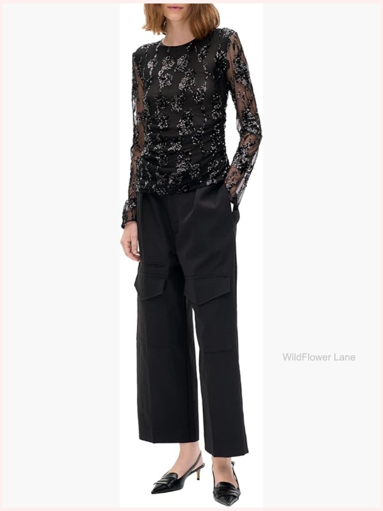 Blouse With Flower Sequin Detail, Mesh, Fitted, Long Sleeve